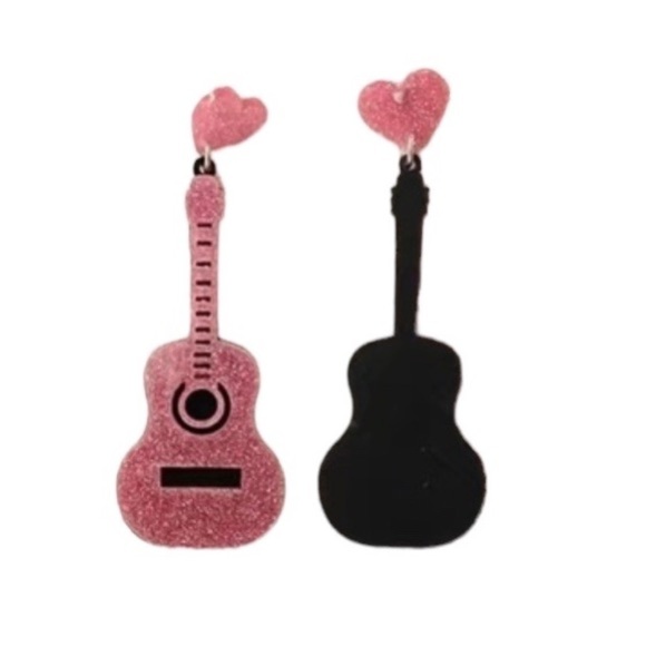 PINK Acrylic Guitar Pierced Bling Earrings - Picture 4 of 4